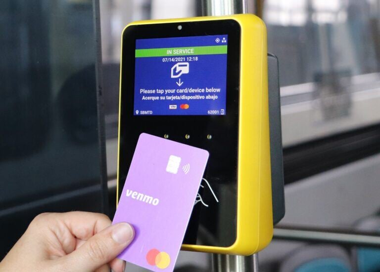 A Venmo card is used to tap on a contactless validator in Santa Barbara in 2023